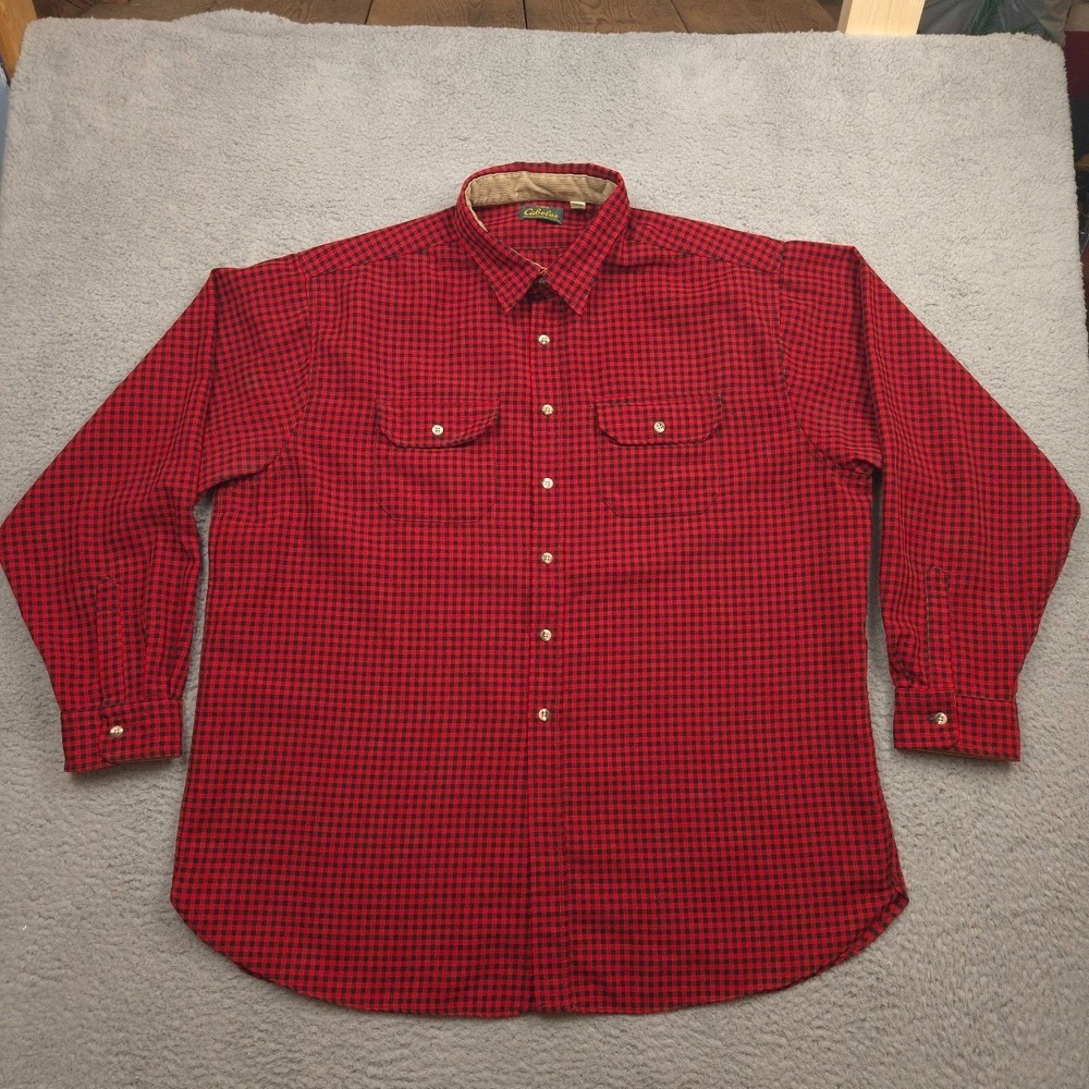 Cabelas Button Up Shirt Mens 3XLT Tall Red Buffalo Plaid Polyester‎ Made in USA
